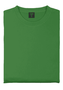 A green technical sweatshirt folded neatly, featuring a brand label.