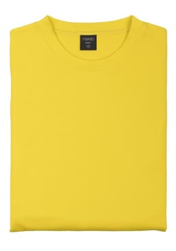 A folded bright yellow sweatshirt with a round neck and a logo on the label.