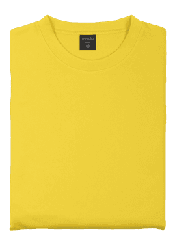 A folded yellow sweatshirt with a round neckline and a label inside. The sweatshirt has a logo.