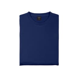 A navy blue technical sweatshirt, neatly folded, featuring a branded label on the inside.