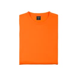 An orange technical sweatshirt, neatly folded, featuring a logo on the label.
