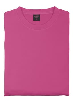 A pink sweatshirt folded neatly, featuring a neckline and a small logo label on the collar.