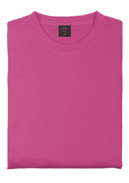 A folded pink technical sweatshirt featuring a crew neck and a label inside. The garment has a simple design.