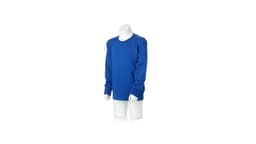 A blue technical sweatshirt on a display mannequin, featuring long sleeves and a crew neckline.