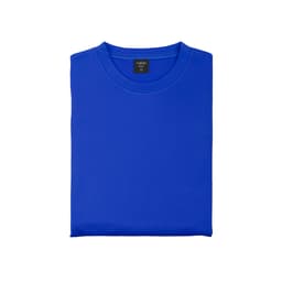 A folded blue sweatshirt with a round neckline, featuring a small tag and logo on the collar.