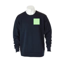 A navy technical sweatshirt featuring a square patch on the front. It has long sleeves and a crew neckline.