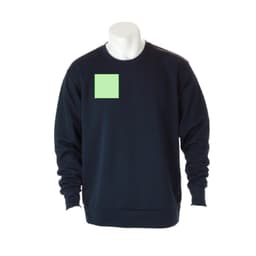 A navy technical sweatshirt featuring a green square patch and long sleeves. It has a plain design and a logo.