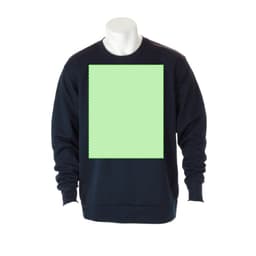 A navy sweatshirt featuring a large blank green area, displayed on a mannequin. The garment has a logo.