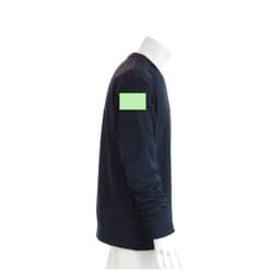 A navy technical sweatshirt featuring a logo on the arm. Ideal for active wear.