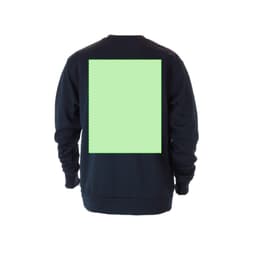 A dark navy sweatshirt featuring a large mint green rectangle on the back and a logo on the front.