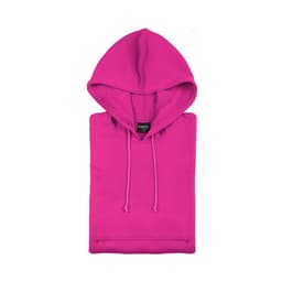 A bright pink hoodie with a drawstring hood, featuring a tag and a large front pocket.