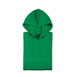 A folded green hoodie with a hood and drawstrings, featuring a tag inside and a front pocket.