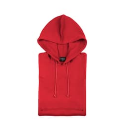 A red hoodie with a front pocket and a drawstring hood, featuring a logo on the label.