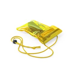 A yellow dry bag with a drawstring closure and a transparent section, featuring a logo.