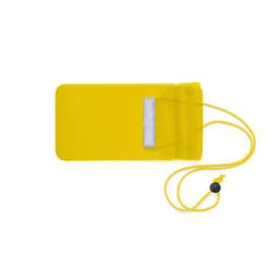 A yellow dry bag featuring a secure closure and an adjustable cord for easy carrying. Includes a logo.