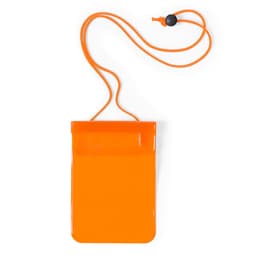 An orange dry bag with a matching cord and toggle closure, featuring a simple design and logo.