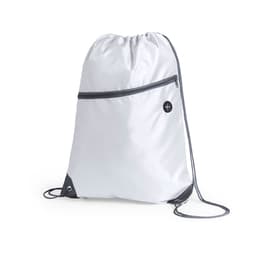 A white drawstring bag with a zippered front pocket and a logo. Features grey accents and cord straps.