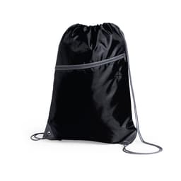 A black drawstring bag featuring a zippered pocket and a simple logo. Ideal for carrying essentials.