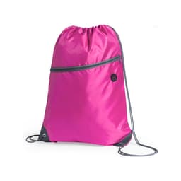 A pink drawstring bag with a zippered front pocket and a logo, featuring grey accents and drawstrings.