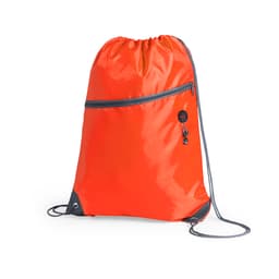 An orange drawstring bag with a front zip pocket and a logo. Features grey accents and drawstrings.