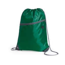 A green drawstring bag with a grey zip pocket and a logo. Features matching drawstrings and eyelets.