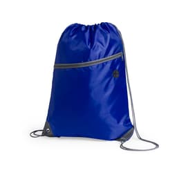 A blue drawstring bag features a front zip pocket and a contrasting grey trim. It has a logo on the front.
