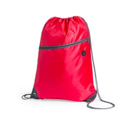 A red drawstring bag with a zippered front pocket and a logo. It features grey drawstrings and corner eyelets.