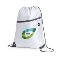 A white drawstring bag with a green and blue logo, featuring a grey zipper and black accents.