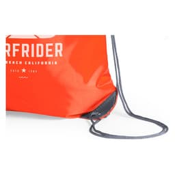 A bright orange drawstring bag with a grey adjustable cord and a logo. The bag features a sturdy base for support.