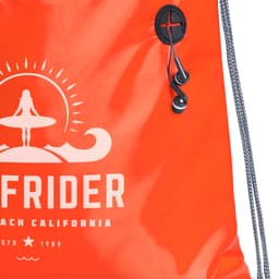 An orange drawstring bag with a logo and a toggle closure features a surf-themed graphic and earphone attachments.