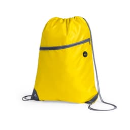 A bright yellow drawstring bag with a grey zip pocket and a logo, featuring adjustable drawstrings.