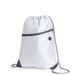 A white drawstring bag featuring a front zip pocket and a logo, with grey accents and drawstrings.
