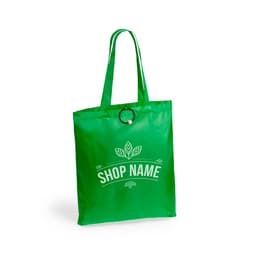 A green foldable bag with a simple design and a logo, featuring long handles for easy carrying.