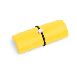 A foldable bag in bright yellow, secured with a black elastic band and a silver button. It features a logo.