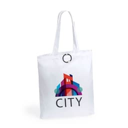 A white foldable bag with colourful city-themed graphics and a ring handle. It includes a logo or branding.
