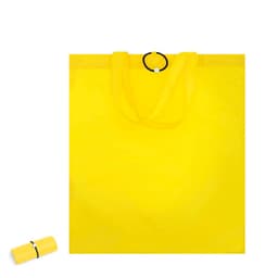 A yellow foldable bag with handles, featuring a black circular closure. Also includes a rolled-up version for storage.