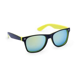Sunglasses featuring a blue frame with yellow accents and mirrored lenses. The product includes a logo.