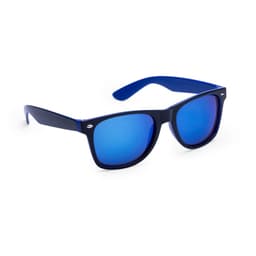 A pair of sunglasses with blue mirrored lenses and navy blue frames, featuring a logo on the temple.