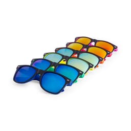 A set of sunglasses in various colours, featuring mirrored lenses and a black frame, displayed in a row.