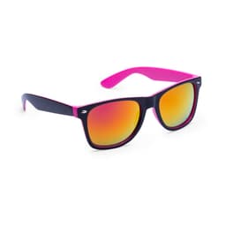 Sunglasses with a black frame and vibrant pink arms, featuring orange mirrored lenses. Includes a logo.