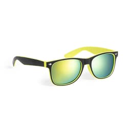 Sunglasses with black frames and green-yellow accents, featuring reflective lenses. Includes a logo on the side.