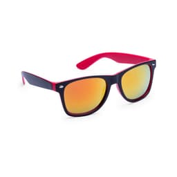 A pair of sunglasses with a black frame, red arms, and mirrored yellow lenses. The product features a logo on the frame.
