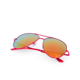 A pair of red aviator sunglasses with gradient lenses in shades of orange and blue. Features a logo on the arm.