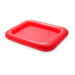 A red inflatable table with a rectangular shape and rounded edges, featuring a branding logo.