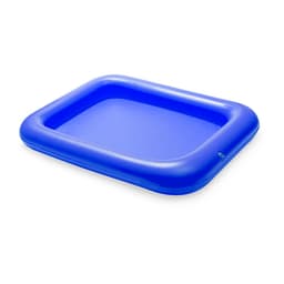 A rectangular blue inflatable pool with a smooth surface and rounded edges. It has a valve for inflation.