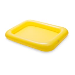 A yellow inflatable table with a rectangular shape and rounded edges, featuring one visible air valve.