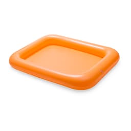 An orange inflatable table with a rectangular shape and rounded edges, featuring a small logo.