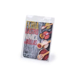 A name badge holder with vibrant spices and a logo, featuring various colours like red, yellow, and brown.