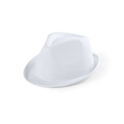 A white children's hat with a fedora style and a subtle textured pattern, featuring a logo.