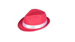 A pink mesh kids' hat with a white ribbon band, featuring a classic fedora shape.
